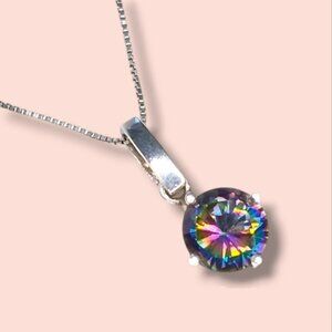 925 Sterling Silver Mystic Topaz Pendant Necklace 8mm Solitaire Style 18in Italy